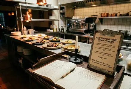 Platos de menú sobre mesa rústica